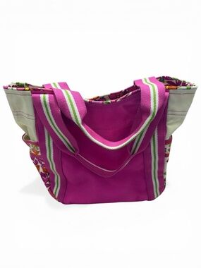 Vera Bradley Hot Pink Canvas Tote with Green & White Striped Handles